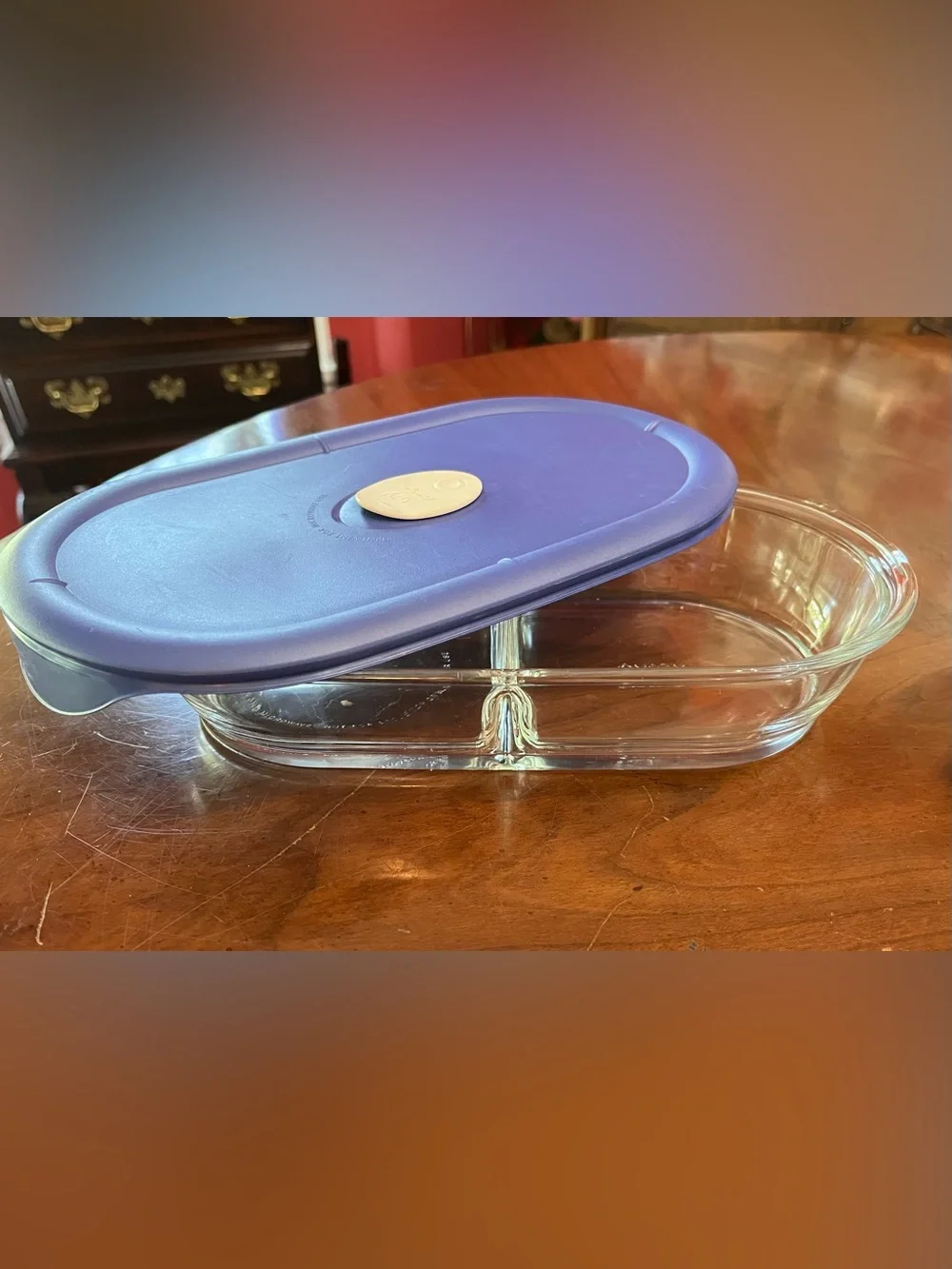 VTG Pyrex 8301 Oval Divided Glass Food Storage Dish & Blue Vented Lid 8301VPC